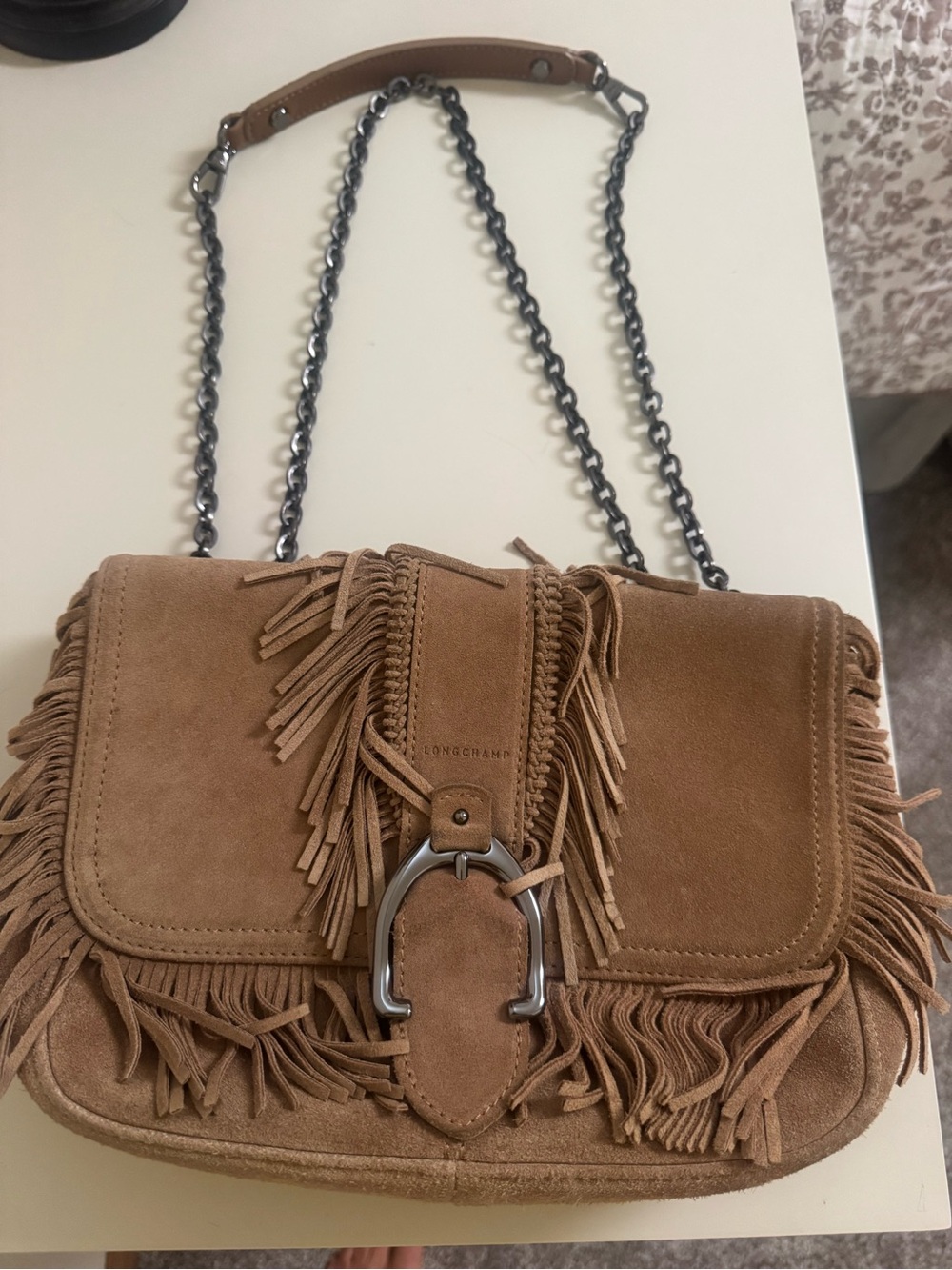 Longchamp Amazone camel suede calfskin shoulder bag